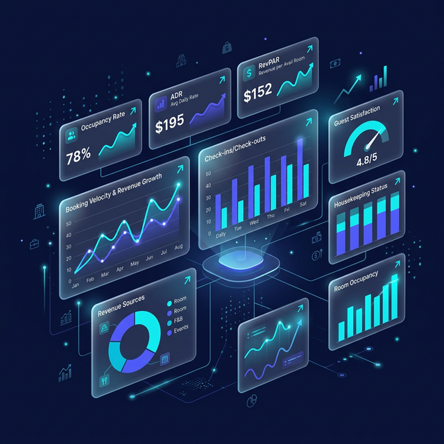 Real-time hotel analytics dashboard with performance charts and KPI metrics
