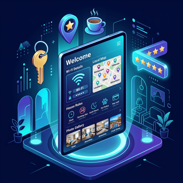 Digital guest guide on tablet showing hotel information and local recommendations